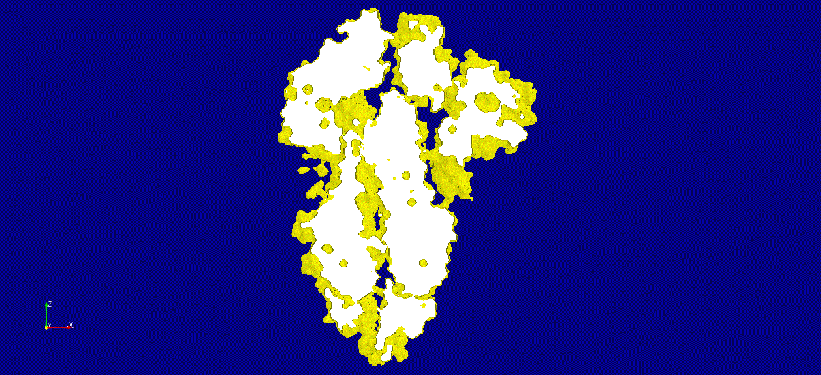Figure 14: An animation of a thicker slice of the volumetric image of the Van der Waals surface of the COVID-19 spike glycoprotein (6vxx). Potential cavities and voids are clearly visible.